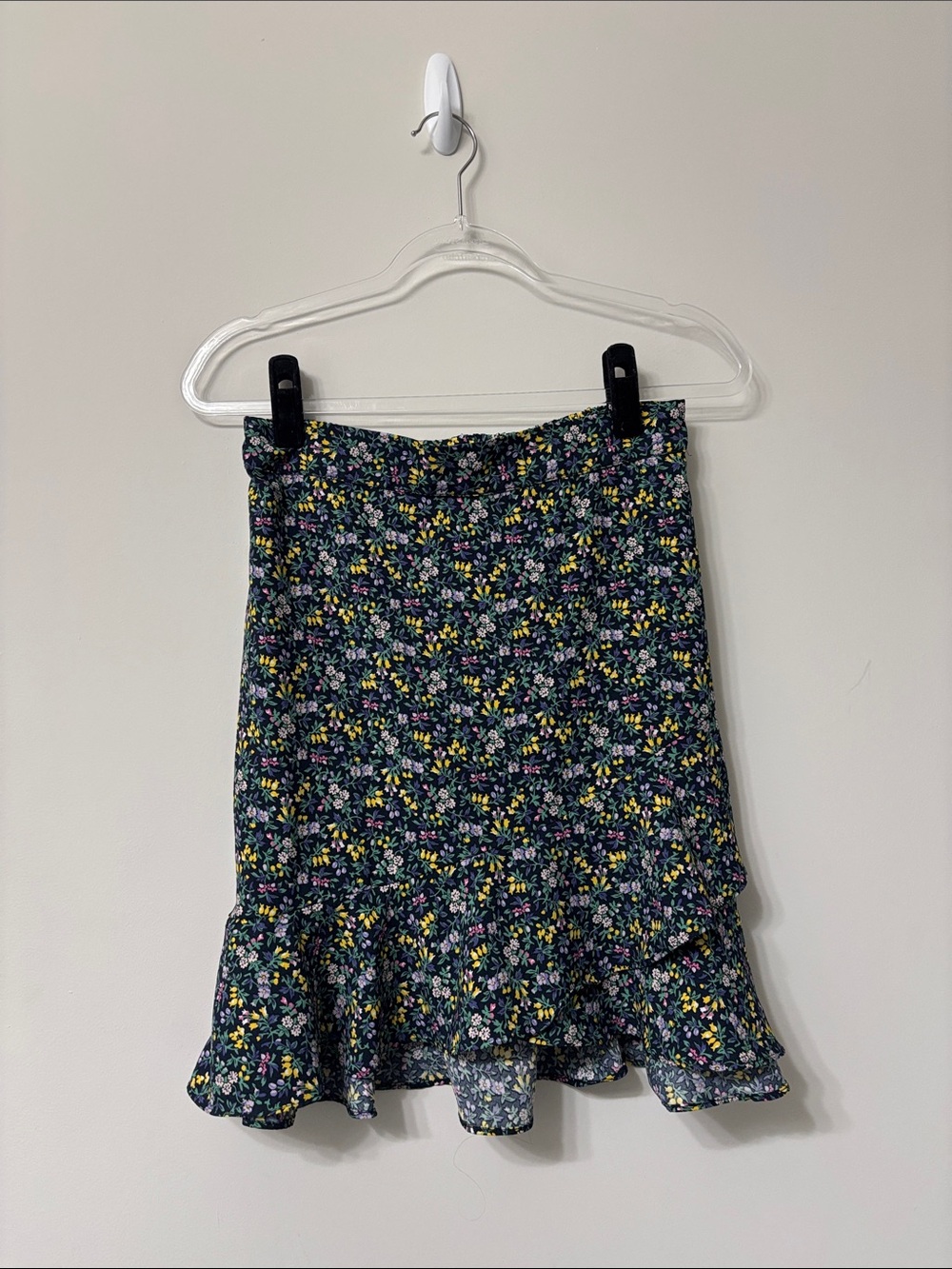 LOFT Navy Mini Skirt with Yellow & Pink Floral Ruffle Hem